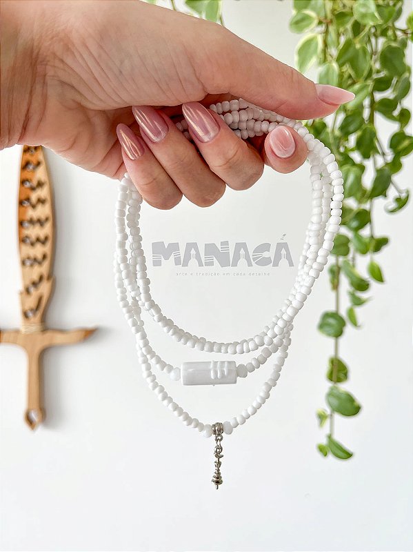 Guia de Oxalá – Fio de Conta Umbanda e Candomblé | Branca com Firma Murano e Opaxorô Prata (60 cm)