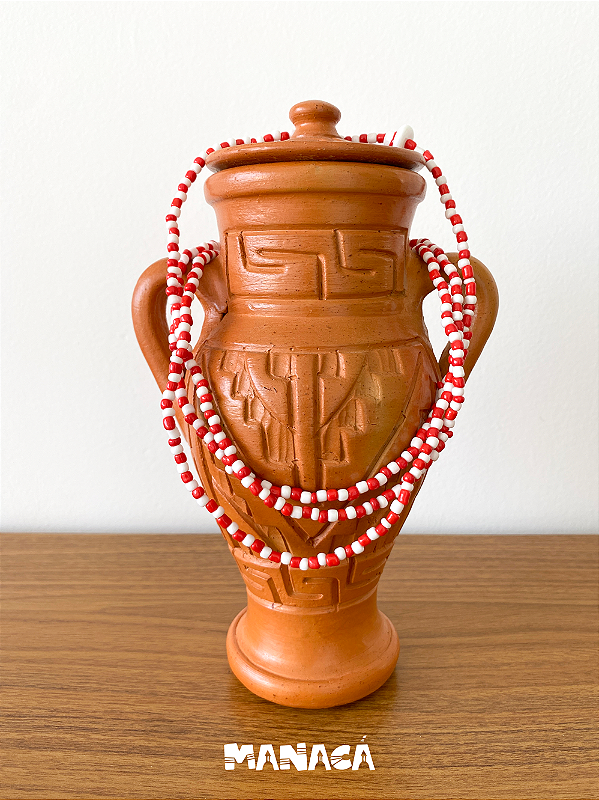 Guia de Zé Pilintra Fio de Contas, Miçangas de Vidro Branco e Vermelho e Firma Cartola - 40cm a 60cm