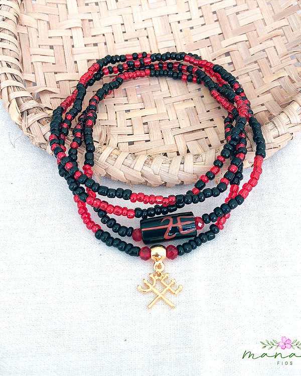 Guia de Exu e Pombagira – Fio de Conta Umbanda e Candomblé | Vermelha Vidrada e Preta com Tridente Duplo Dourado