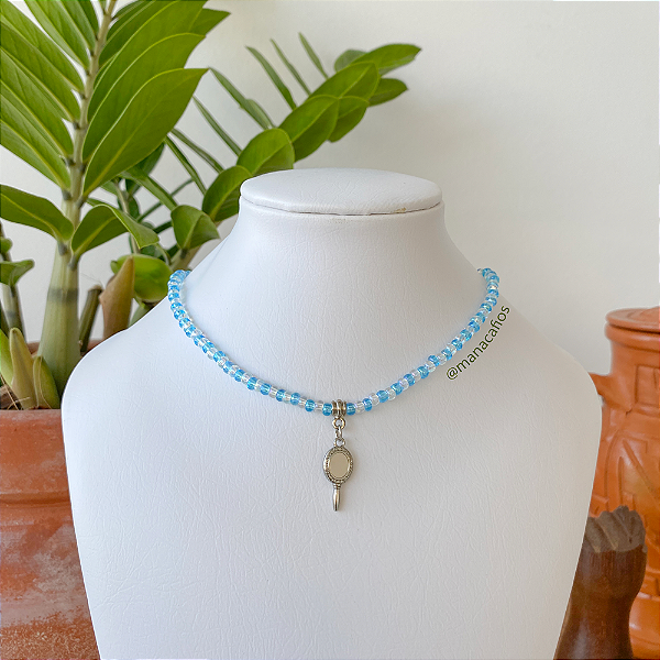 Choker de Iemanjá, Miçangas Azul Claro Vidrado e Transparente - Ajustável