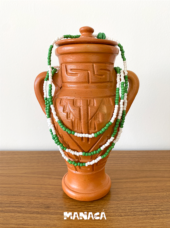 Guia de Ossain Fio de Contas, Miçangas de Vidro Branca e Verde e Firma Murano - 60cm