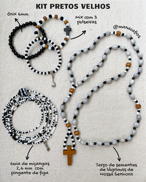 Kit Pretos Velhos – Terço, Guia e Pulseiras com Miçangas, Cristais e Pedra Ônix Preto Velho