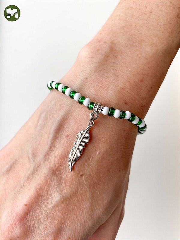 Pulseira de Ossain – Miçangas Jablonex Branca e Verde com Pingente | Umbanda e Candomblé