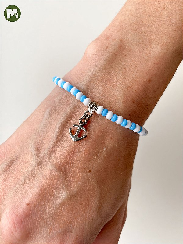 Pulseira de Marinheiros e Marujos – Miçangas Jablonex com Pingente Leme ou Âncora Prateada | Umbanda e Candomblé