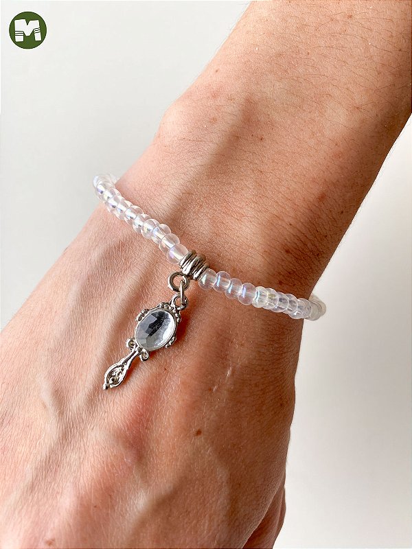 Pulseira de Iemanjá – Miçangas Jablonex Transparentes com Pingente Abebé Prateado e Strass | Umbanda e Candomblé