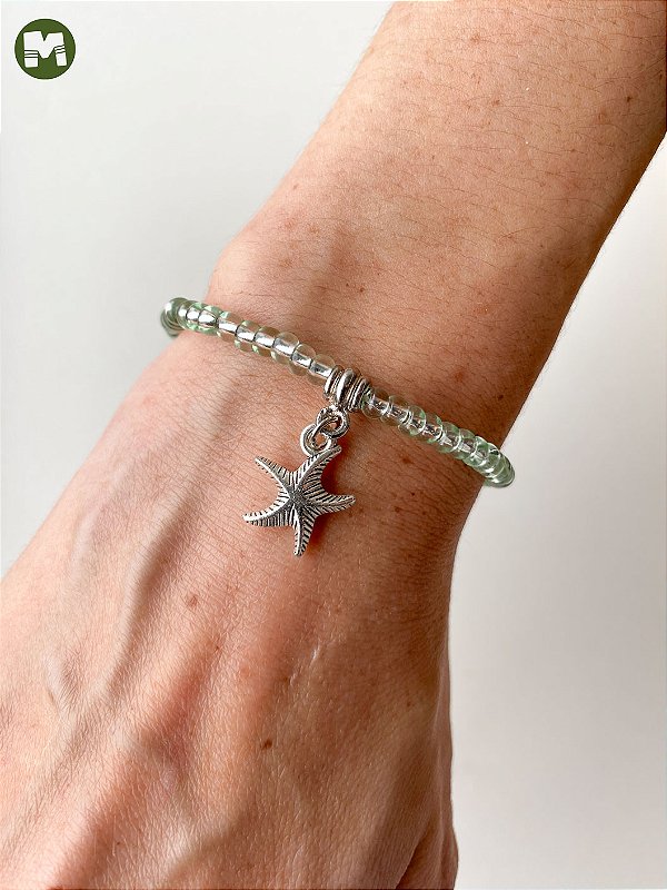 Pulseira de Iemanjá – Miçangas Jablonex Verde-Água com Pingente Estrela-do-Mar Prateada | Umbanda e Candomblé