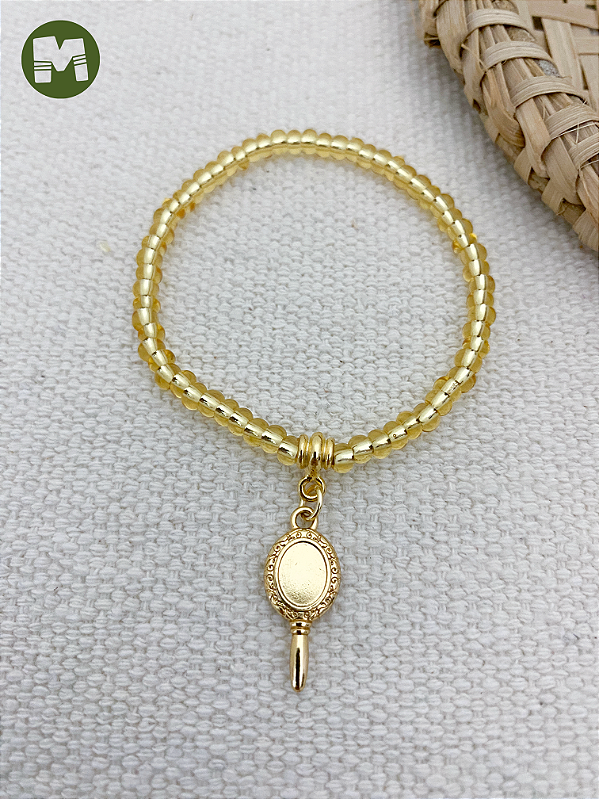 Pulseira de Oxum – Miçangas Jablonex Douradas com Pingente Abebé Dourado | Umbanda e Candomblé