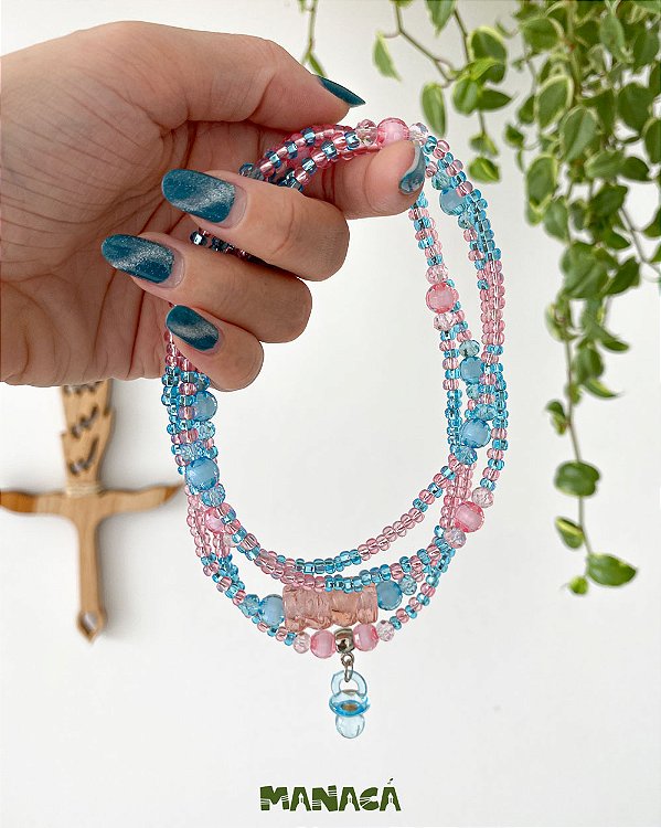 Guia de Erês – Miçangas Jablonex Azul e Rosa com Firma de Murano e Pingente de Chupeta | Umbanda e Candomblé