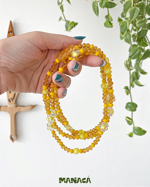 Guia de Erês – Cristais de Vidro 6 mm e Contas Florzinhas com Firma de Murano | Dourado e Amarelo | Umbanda e Candomblé