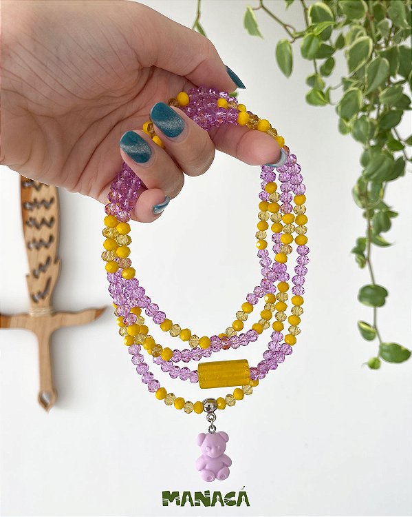 Guia de Erês – Cristais de Vidro 6 mm Lilás e Amarelo com Pingente Ursinho e Firma de Murano | Umbanda e Candomblé