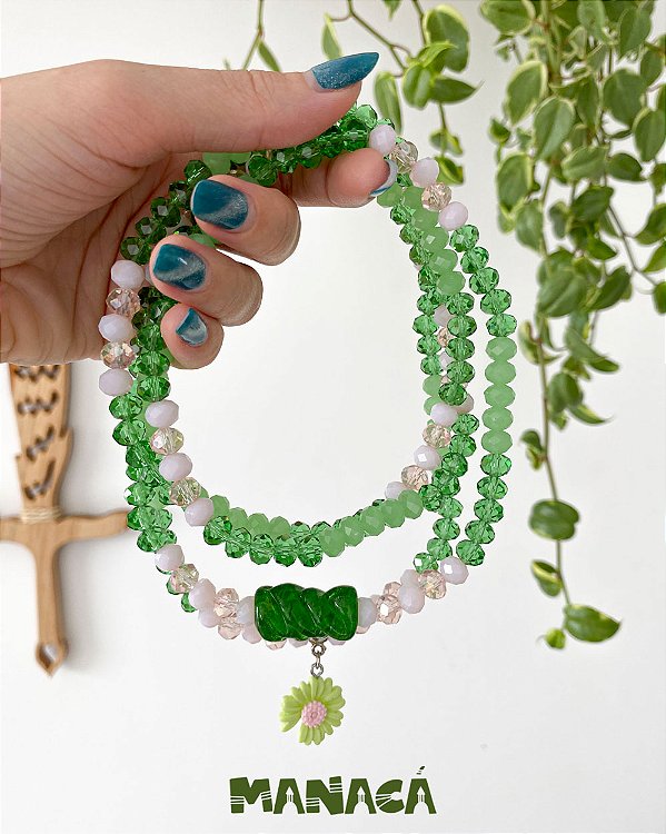 Guia de Erês – Cristais de Vidro 8 mm Verde e Rosa com Firma de Murano e Pingente Girassol | Umbanda e Candomblé