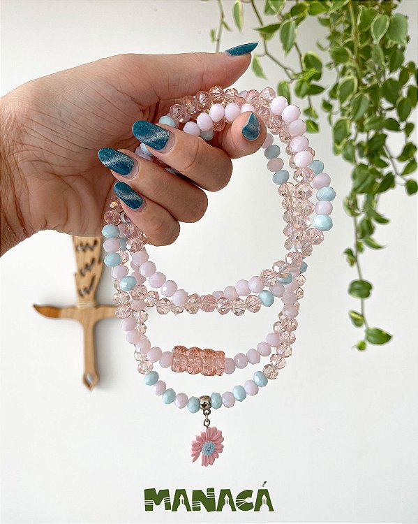 Guia de Erês – Cristais de Vidro 8 mm Rosa e Azul com Firma de Murano e Pingente Girassol | Umbanda e Candomblé
