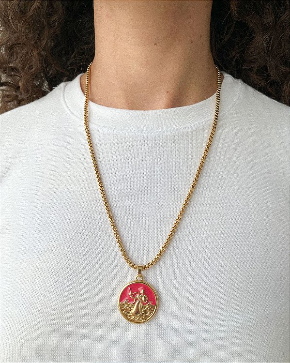 Colar Veneziano Medalha Obá - Dourado, Força e Determinação - 50cm