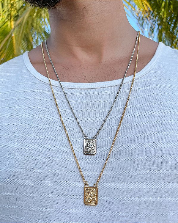 Escapulário de São Jorge – Aço com Corrente Elo Grumet | Dourado ou Prateado