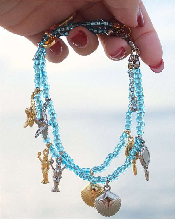 Tornozeleira de Iemanjá Azul Claro com Acabamento Dourado ou Prateado