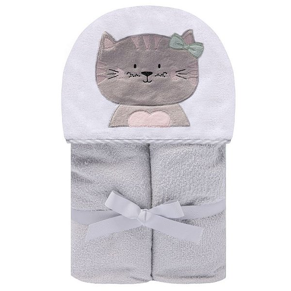 Toalha De Banho Felpuda Papi Friends Forrada Com Capuz Bordado - Gatinha Miau