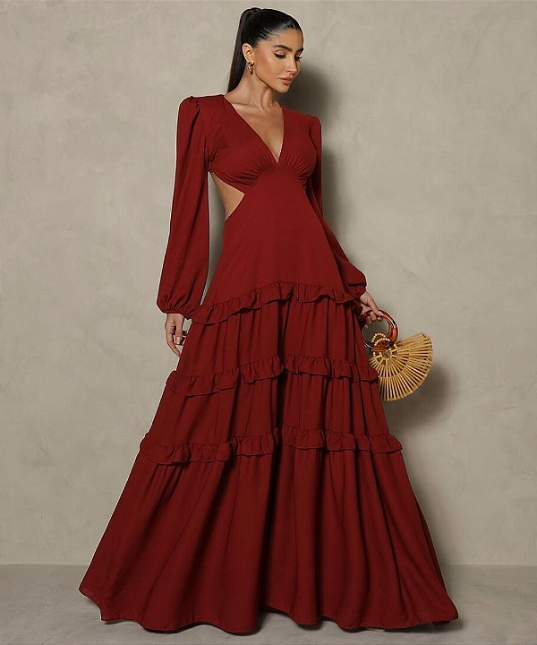 VESTIDO LONGO RECORTES E BABABOS
