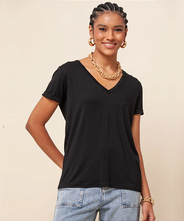 BLUSA CAMISETA MANGA CURTA DECOTE V