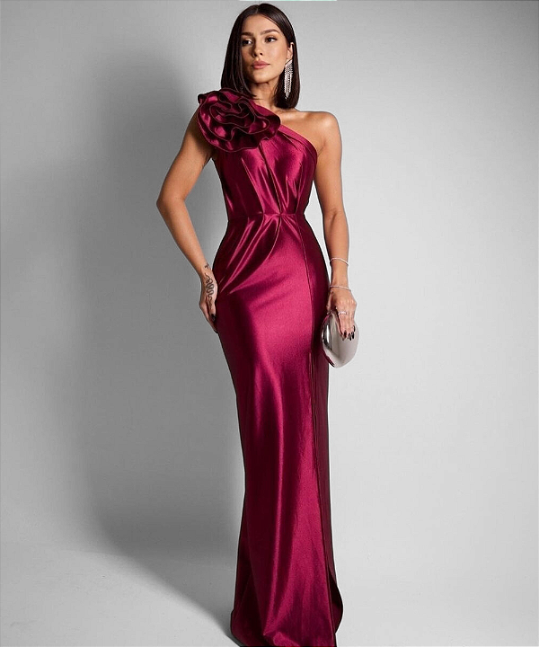 VESTIDO LONGO UM OMBRO SÓ FLOR REMOVIVEL ACETINADO