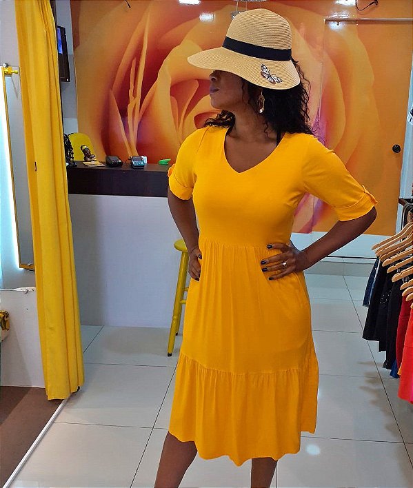 Vestido Midi em Viscose Manga 3/4