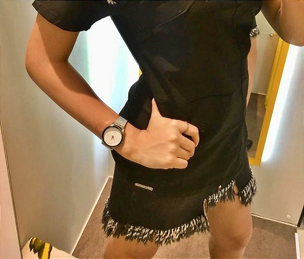 Saia Jeanseria algodão Jeans Black Modelagem com Franjas