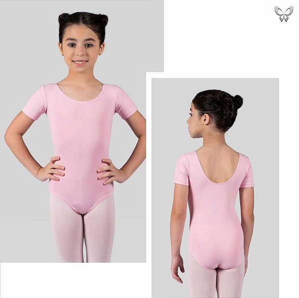 Collant de Ballet Meia Manga em Helanca - Infantil e Adulto - Rosa e Preto