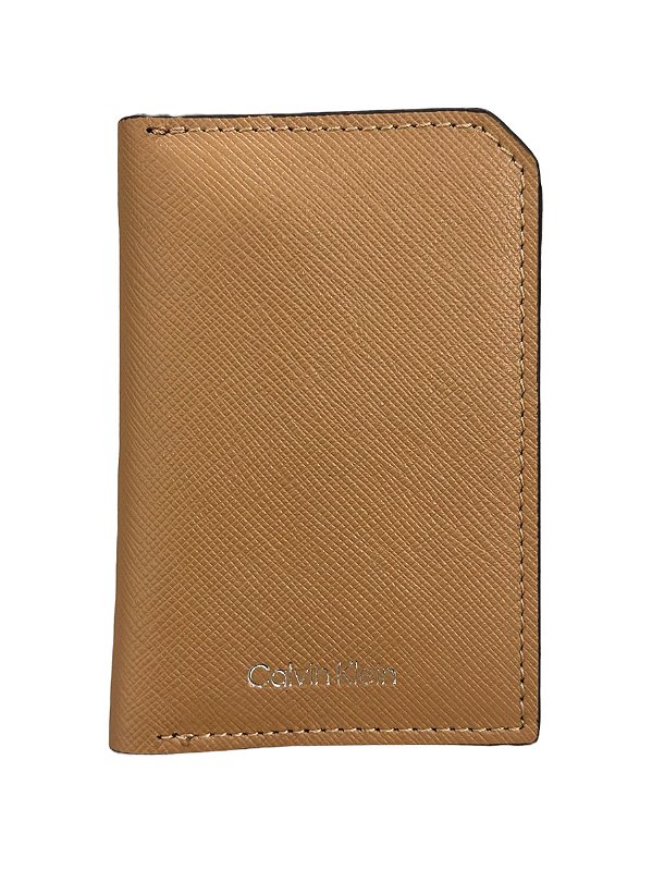 Carteira Compacta Masculina, Couro Saffiano Caramelo, Calvin Klein