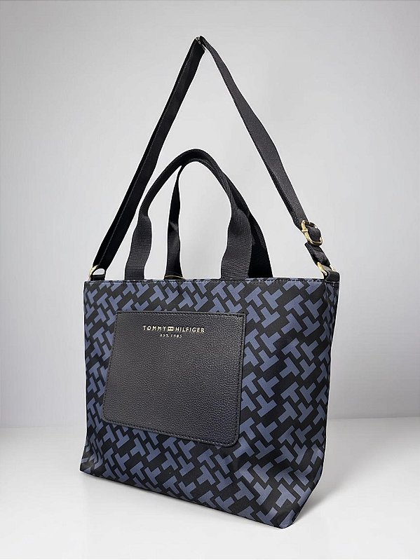 Bolsa Tote com Alça Transversal, Estampa Monograma Azul e Preta, Tommy Hilfiger