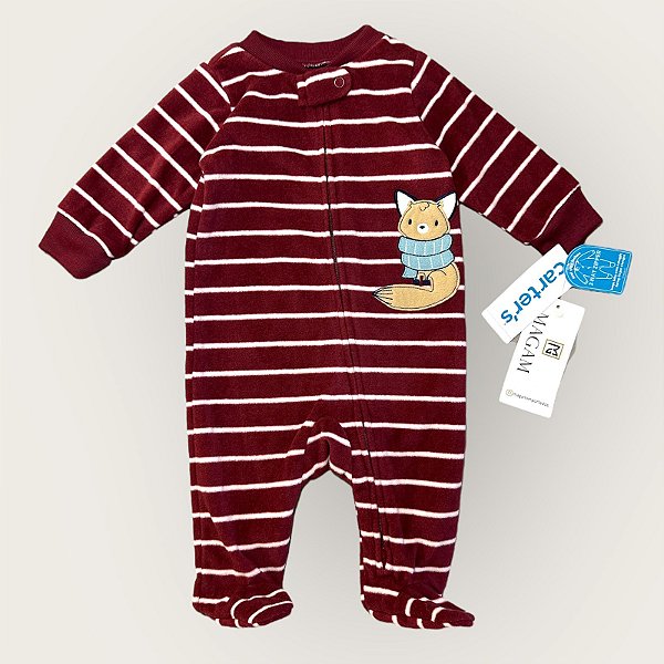 Macacão Fleece com Pézinhos e Zíper, Estampa Raposa, Listrado Vinho, Carter’s
