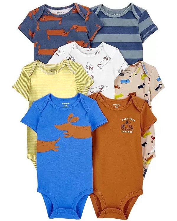 Kit com 7 Bodys de Bebê, Manga Curta, Estampas de Animais, Carter’s