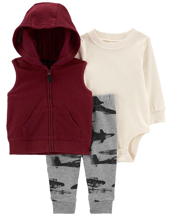 Conjunto de Bebê 3 Peças com Body Liso, Colete com Capuz Vinho e Calça Estampada de Aviões, Carter’s