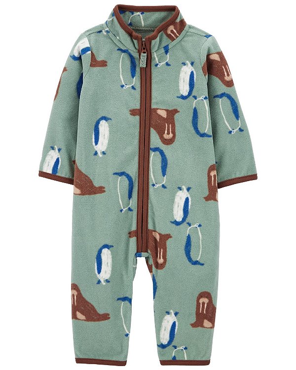 Macacão Fleece com Zíper, Estampa Animais Marinhos, Verde, Carter’s