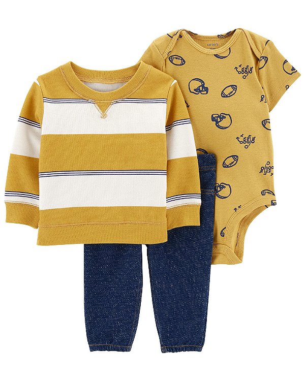 Conjunto de Bebê 3 Peças com Body de Futebol, Blusa Listrada e Calça Jeans, Carter's