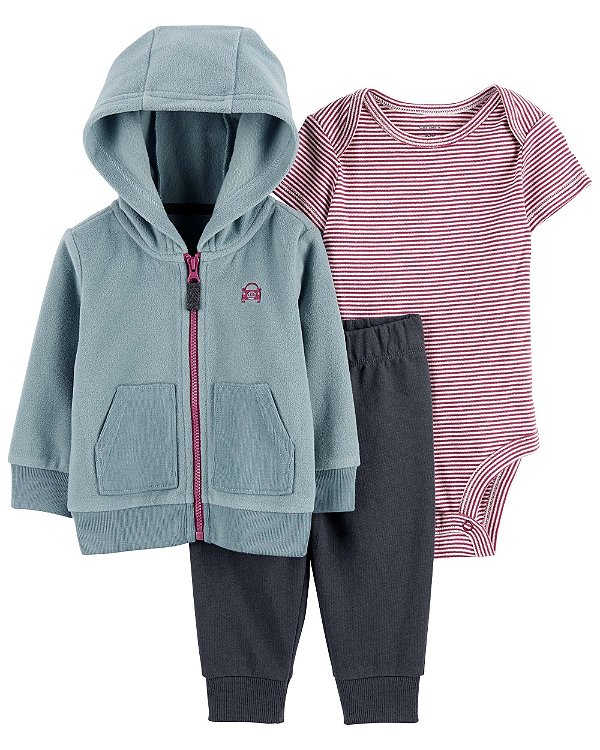 Conjunto de Bebê 3 Peças com Body Listrado, Jaqueta Fleece com Capuz e Calça Moletinho, Carter's