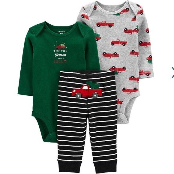Conjunto de Bebê 3 Peças com 2 Bodys Manga Longa e Calça Listrada com Caminhonete, Carter's