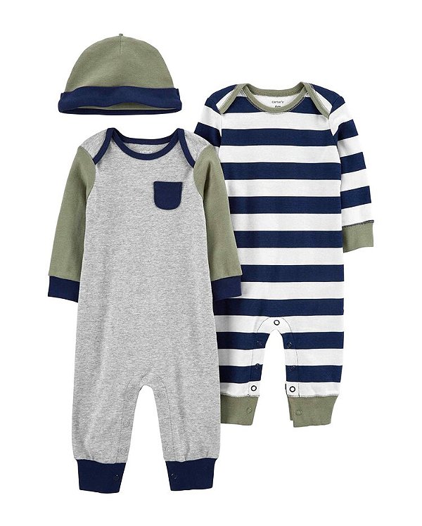 Conjunto de Bebê 3 Peças com Macacões e Gorro Verde e Azul, Carter's