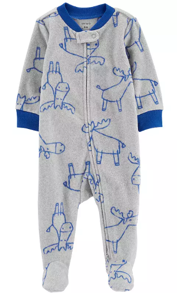 Macacão Fleece com Pézinhos, Estampa de Alce, Cinza e Azul, Carter’s