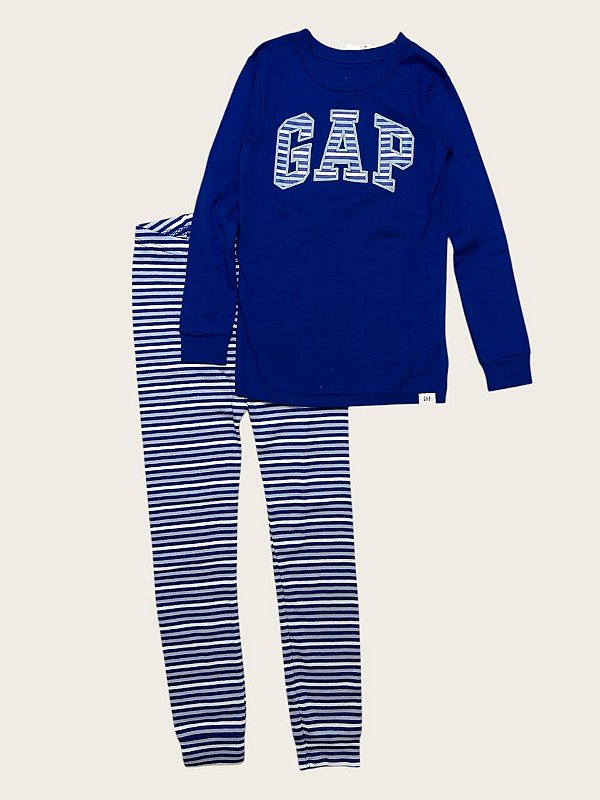 Pijama Infantil Manga Longa Listrado, Azul Royal e Branco, GAP