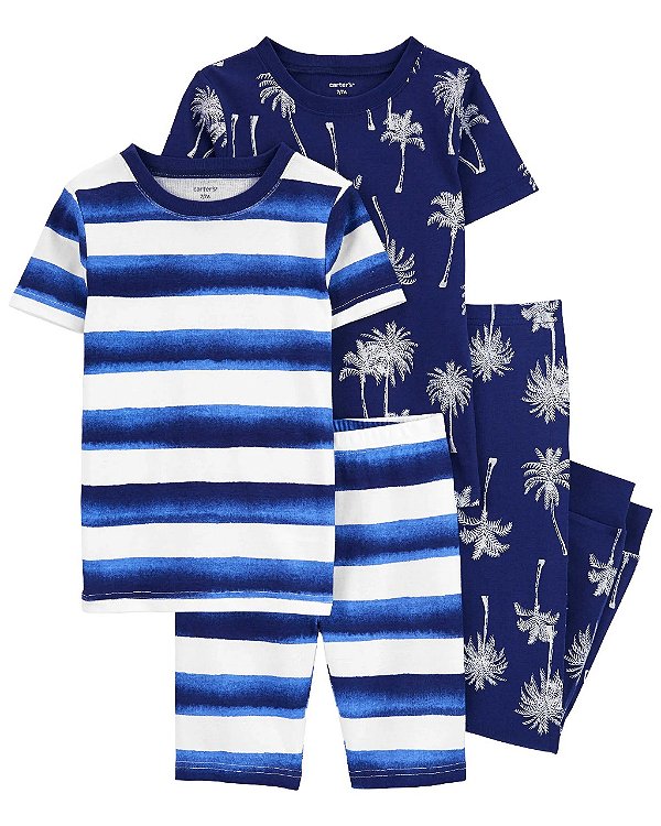 Pijama Infantil 2 Conjuntos Curto e Longo, Estampas Listradas e Coqueiros, Carter’s