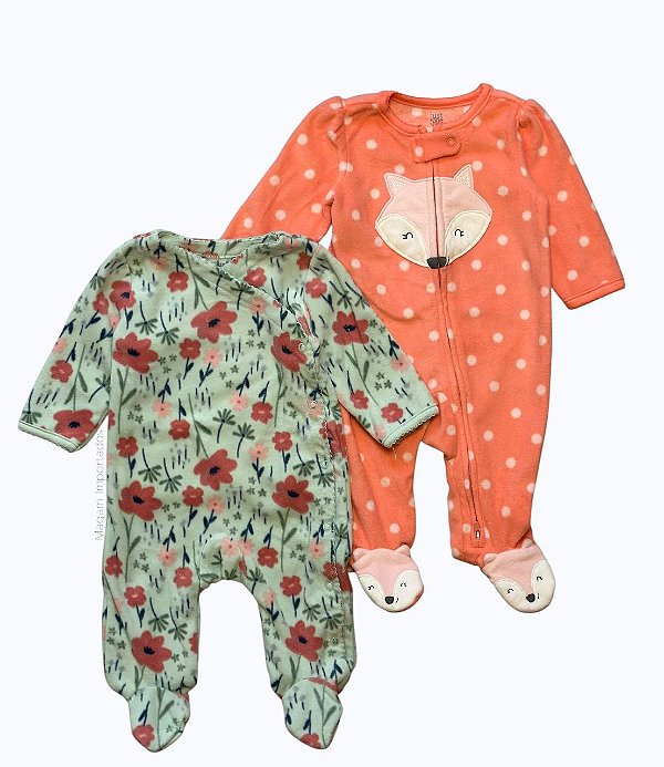 Kit com 2 Macacões Fleece com Zíper, Estampa de Raposa e Floral, Just One You by Carter’s