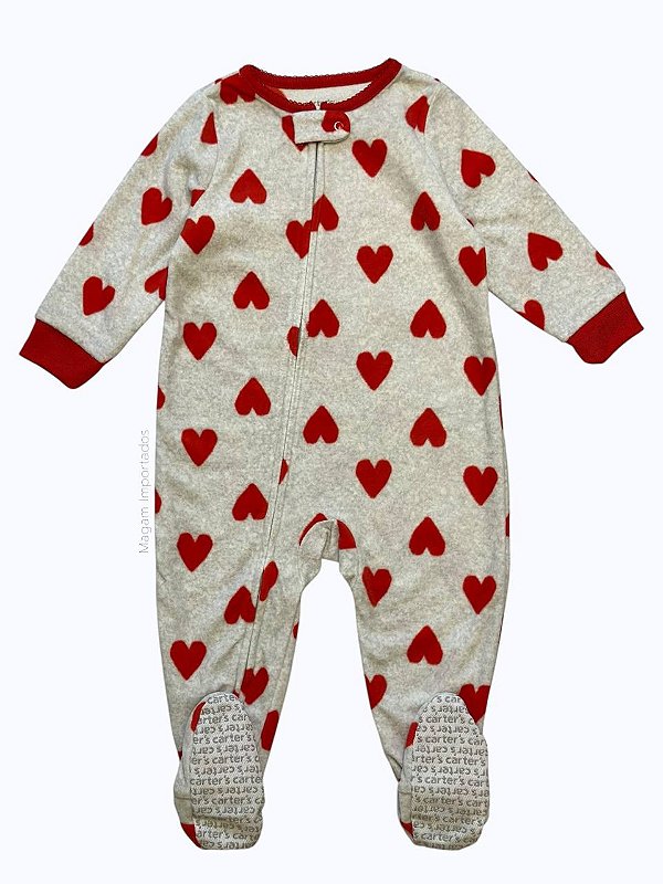 Macacão Fleece com Zíper, Estampa de Corações Vermelhos, Carter’s
