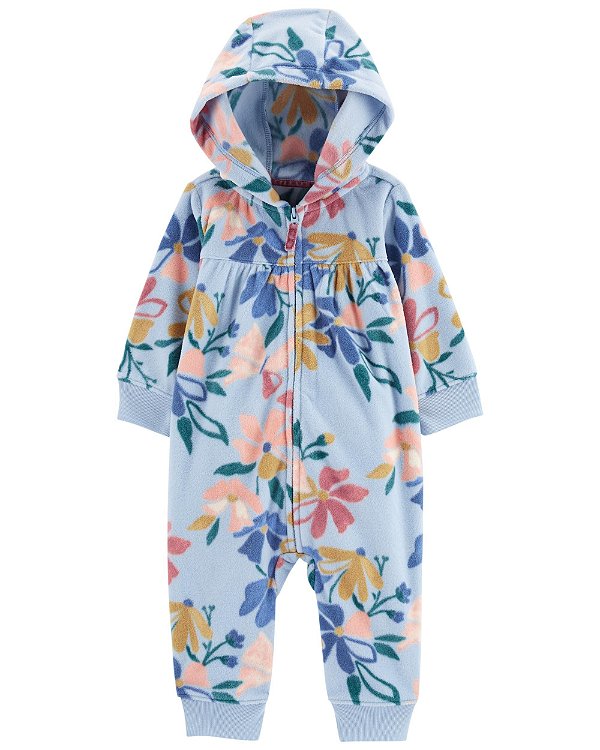 Macacão Fleece com Zíper e Capuz, Estampa Floral Colorida, Carter’s