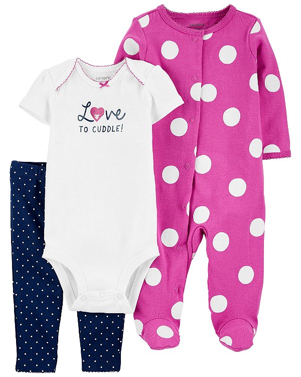 Conjunto de Bebê 3 Peças com Body Estampado, Macacão de Bolinhas e Calça Poá, Carter’s