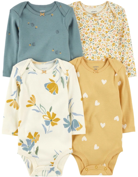 Kit com 4 Bodys de Bebê, Manga Longa, Estampas Florais e Corações, Carter’s
