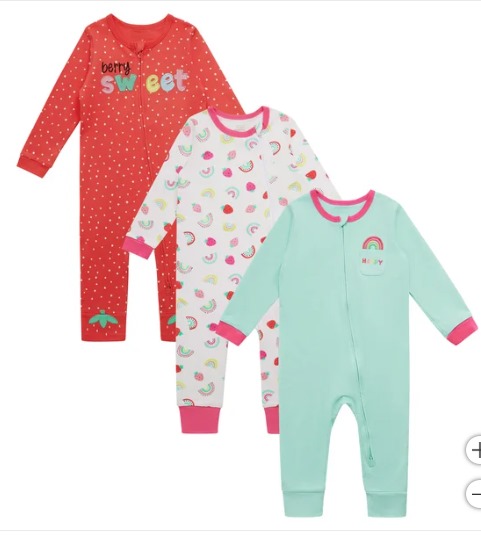 Kit com 3 Macacões de Bebê com Zíper, Estampas de Frutas e Arco-íris, Koala Baby