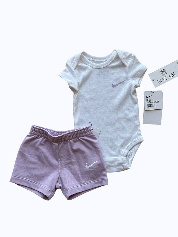Conjunto de Bebê com Body Branco e Short Moletinho Lilás, Nike