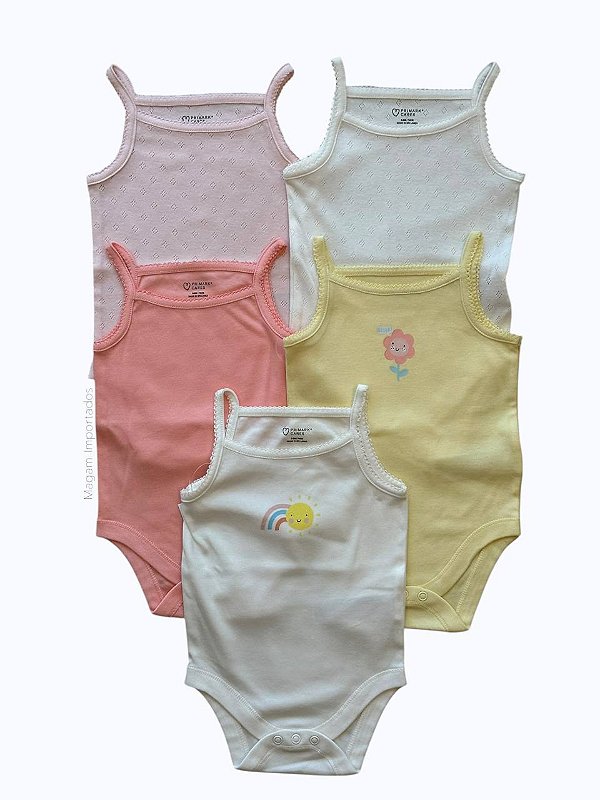 Kit com 5 Bodys de Bebê, Regata, Estampas de Flor, Arco-íris e Cores Pastel, Primark