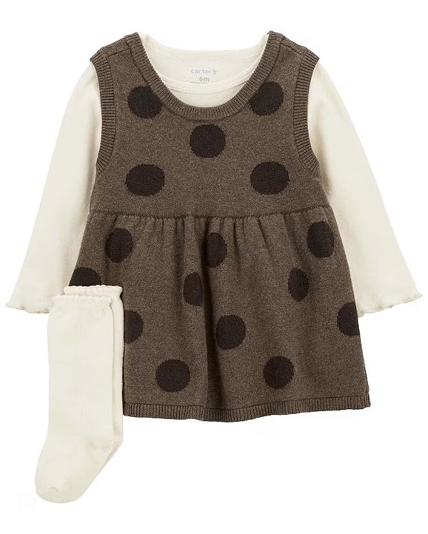 Conjunto 3 Peças com Body, Vestido Tricot Poá e Meia-Calça, Carter’s