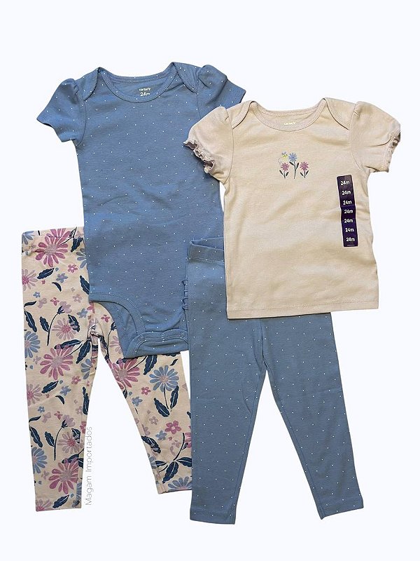 Conjunto de Bebê 4 Peças com Body, Camiseta e 2 Calças, Carter’s