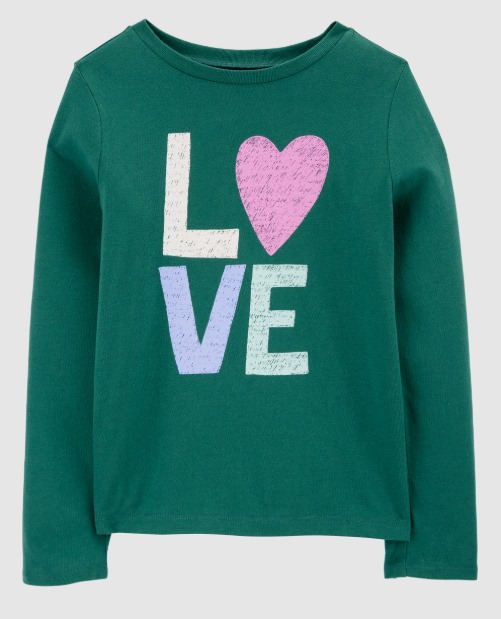 Blusa Infantil Manga Longa, Verde com Estampa LOVE, Carter’s